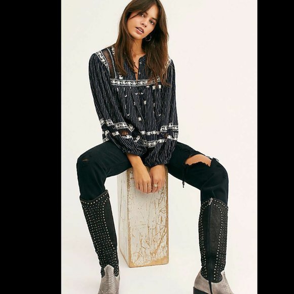 Free People All Roads Lead To You Navy Blouse - Picture 8 of 8